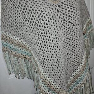 Poncho Summer in Subtle Shades of Beige, Blue and White, with decorative Fringe
